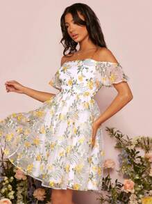 SHEIN Belle Đầm Thêu Xù Dây kéo Hoa Tất cả trên in Boho - Nhiều màu - Xem 6