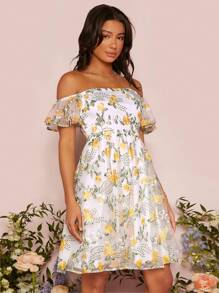 SHEIN Belle Đầm Thêu Xù Dây kéo Hoa Tất cả trên in Boho - Nhiều màu - Xem 4