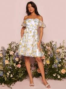 SHEIN Belle Đầm Thêu Xù Dây kéo Hoa Tất cả trên in Boho - Nhiều màu - Xem 2