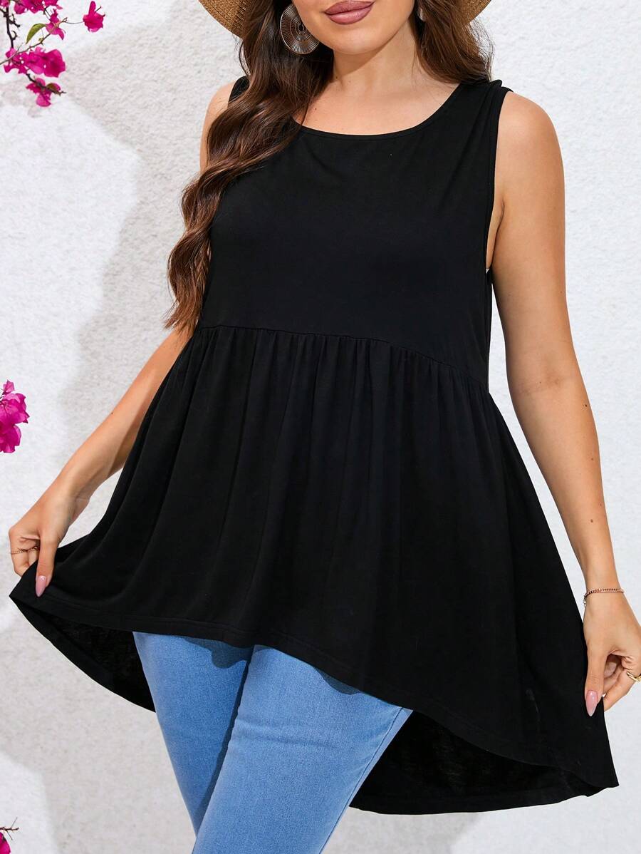 SHEIN LUNE 大碼素色高低下擺背心上衣 - 黑色 - 查看 1