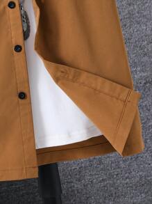 SHEIN 男孩字母圖案棒球領襯衫不帶T恤 - 卡其色 - 查看 5