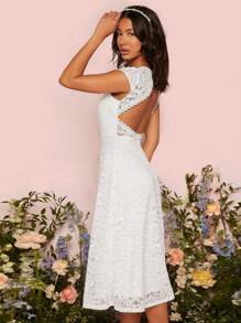 SHEIN Belle Solid Lace Overlay Backless Wedding Dress - White - View 4