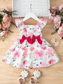 SHEIN Baby Floral Print Ruffle Trim Bow Front Dress - Multicolor - View 1