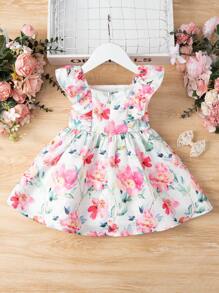 SHEIN Baby Floral Print Ruffle Trim Bow Front Dress - Multicolor - View 2