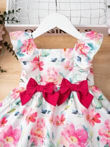 SHEIN Baby Floral Print Ruffle Trim Bow Front Dress - Multicolor - View 5