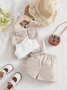 SHEIN 嬰兒翻蓋口袋夾克背心和短褲和背心上衣 - 彩色 - 查看 3