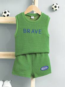 小男童字母圖案背心上衣和短褲 - 綠色 - 查看 1