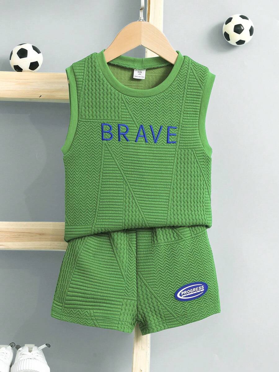 小男童字母圖案背心上衣和短褲 - 綠色 - 查看 1