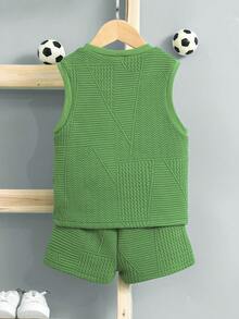 小男童字母圖案背心上衣和短褲 - 綠色 - 查看 2