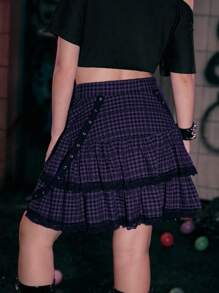 ROMWE Grunge Punk Váy nữ Tương phản ren viền lá sen Thùa khuyết Lễ Các Thánh Sọc ca rô Giải trí - Màu tím - Xem 2