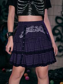 ROMWE Grunge Punk Váy nữ Tương phản ren viền lá sen Thùa khuyết Lễ Các Thánh Sọc ca rô Giải trí - Màu tím - Xem 3