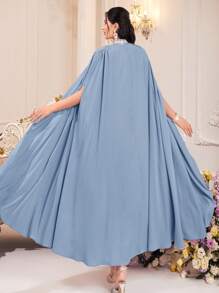 Modelyn Contrast Tape Halter Neck Mermaid Hem Belted Dress & Cloak Sleeve Cape - Dusty Blue - View 2