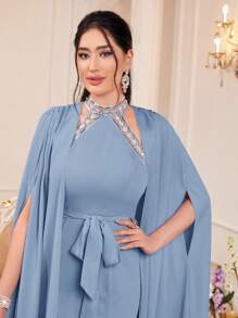 Modelyn Contrast Tape Halter Neck Mermaid Hem Belted Dress & Cloak Sleeve Cape - Dusty Blue - View 3