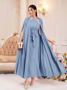 Modelyn Contrast Tape Halter Neck Mermaid Hem Belted Dress & Cloak Sleeve Cape - Dusty Blue - View 5