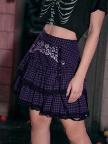 ROMWE Grunge Punk Váy nữ Tương phản ren viền lá sen Thùa khuyết Lễ Các Thánh Sọc ca rô Giải trí - Màu tím - Xem 5