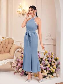 Modelyn Contrast Tape Halter Neck Mermaid Hem Belted Dress & Cloak Sleeve Cape - Dusty Blue - View 6
