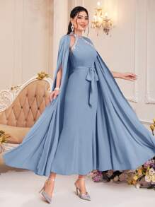 Modelyn Contrast Tape Halter Neck Mermaid Hem Belted Dress & Cloak Sleeve Cape - Dusty Blue - View 7