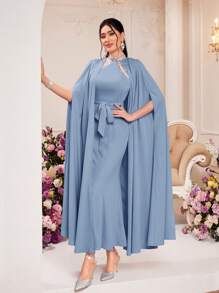 Modelyn Contrast Tape Halter Neck Mermaid Hem Belted Dress & Cloak Sleeve Cape - Dusty Blue - View 8