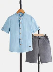 SHEIN Boys Letter Patched Detail Roll Tab Sleeve Shirt & Shorts - Baby Blue - View 1