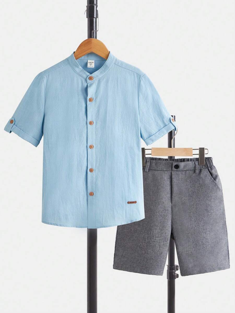 SHEIN Boys Letter Patched Detail Roll Tab Sleeve Shirt & Shorts - Baby Blue - View 1