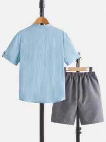 SHEIN Boys Letter Patched Detail Roll Tab Sleeve Shirt & Shorts - Baby Blue - View 2