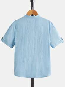 SHEIN Boys Letter Patched Detail Roll Tab Sleeve Shirt & Shorts - Baby Blue - View 5