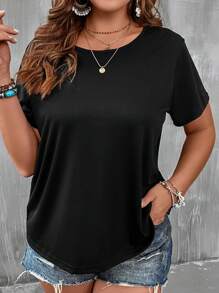 SHEIN LUNE Camiseta unicolor de cuello redondo - Negro - Ver 1