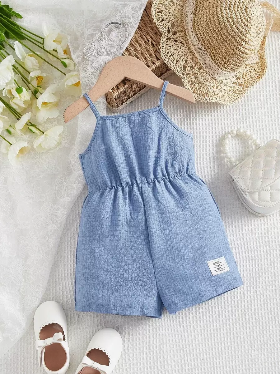 SHEIN Leap Crew Baby Girl Letter Patched Detail Cami Romper - Baby Blue - View 1