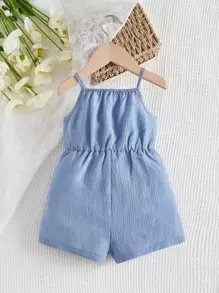 SHEIN Leap Crew Baby Girl Letter Patched Detail Cami Romper - Baby Blue - View 2