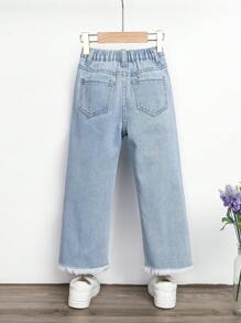 少女蝴蝶印花毛邊直筒牛仔褲 - 淺色水洗藍 - 查看 2