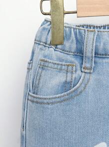 少女蝴蝶印花毛邊直筒牛仔褲 - 淺色水洗藍 - 查看 6