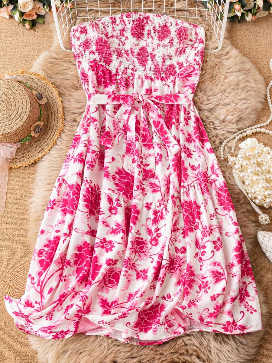 SHEIN SunnyBelle Plus Floral Print Belted Tube Dress - Multicolor - View 1