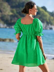 SHEIN Maternity Square Neck Puff Sleeve Dress - Green - View 2