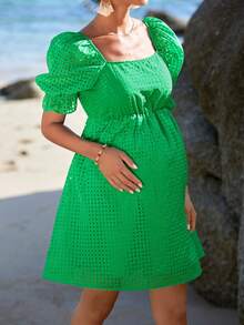 SHEIN Maternity Square Neck Puff Sleeve Dress - Green - View 4