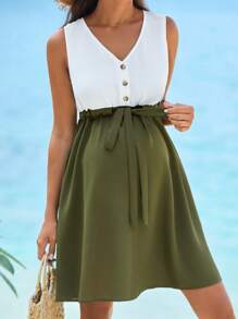 SHEIN Maternity Two Tone Drawstring Waist Dress - Army Green - View 6