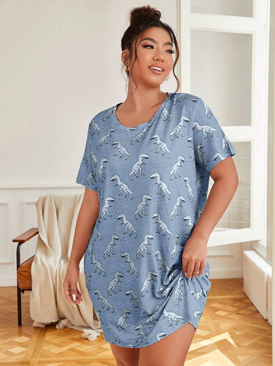 大碼恐龍印花睡裙 - 霧霾藍 - 查看 1