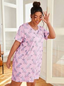 Đầm mặc nhà Kích Thước Lớn Tất cả trên in Khủng long Dễ thương - Hồng - Xem 3