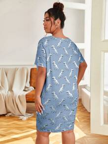 大碼恐龍印花睡裙 - 霧霾藍 - 查看 2