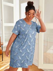 大碼恐龍印花睡裙 - 霧霾藍 - 查看 4