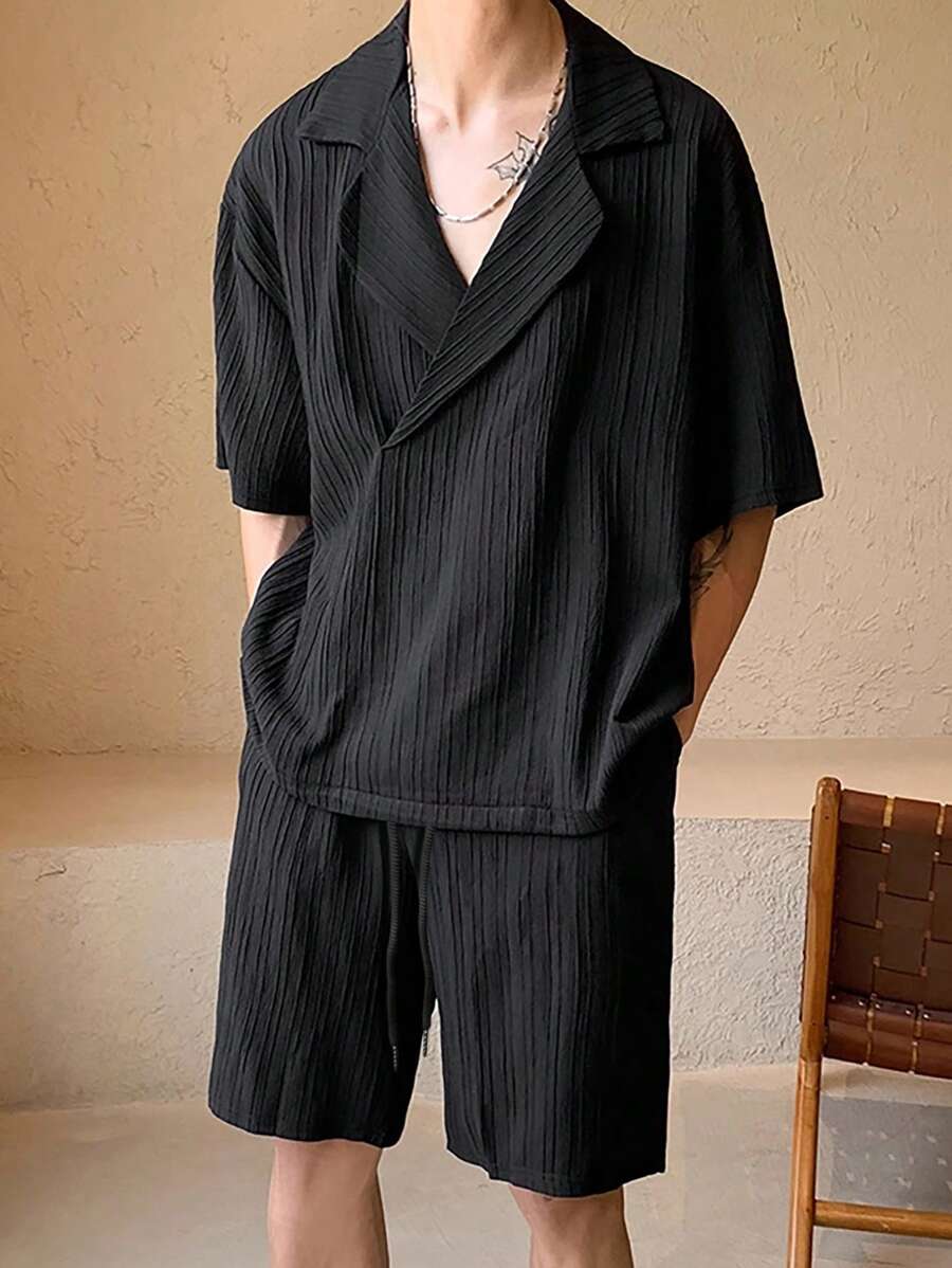 Manfinity Homme 男士西裝領落肩袖襯衫和短褲 - 黑色 - 查看 1