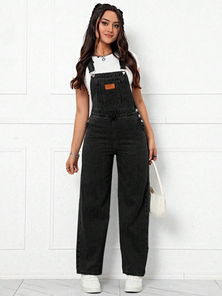 Flexra Patched Detail Denim Overalls Without Tee - Black - View 1