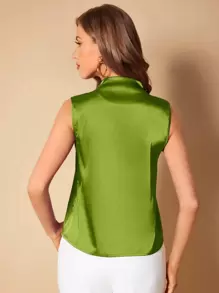 SHEIN BAE Solid V Neck Satin Blouse - Olive Green - View 2