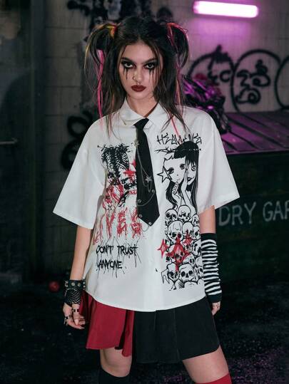Grunge Punk Figure Graphic Drop Shoulder Shirt Without Tie