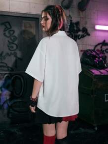 ROMWE Grunge Punk Figure Graphic Drop Shoulder Shirt Without Tie - White - View 2