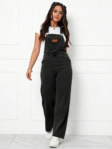 Flexra Patched Detail Denim Overalls Without Tee - Black - View 5