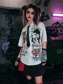 ROMWE Grunge Punk Figure Graphic Drop Shoulder Shirt Without Tie - White - View 4