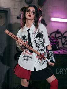 ROMWE Grunge Punk Figure Graphic Drop Shoulder Shirt Without Tie - White - View 5