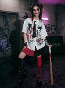 ROMWE Grunge Punk Figure Graphic Drop Shoulder Shirt Without Tie - White - View 6