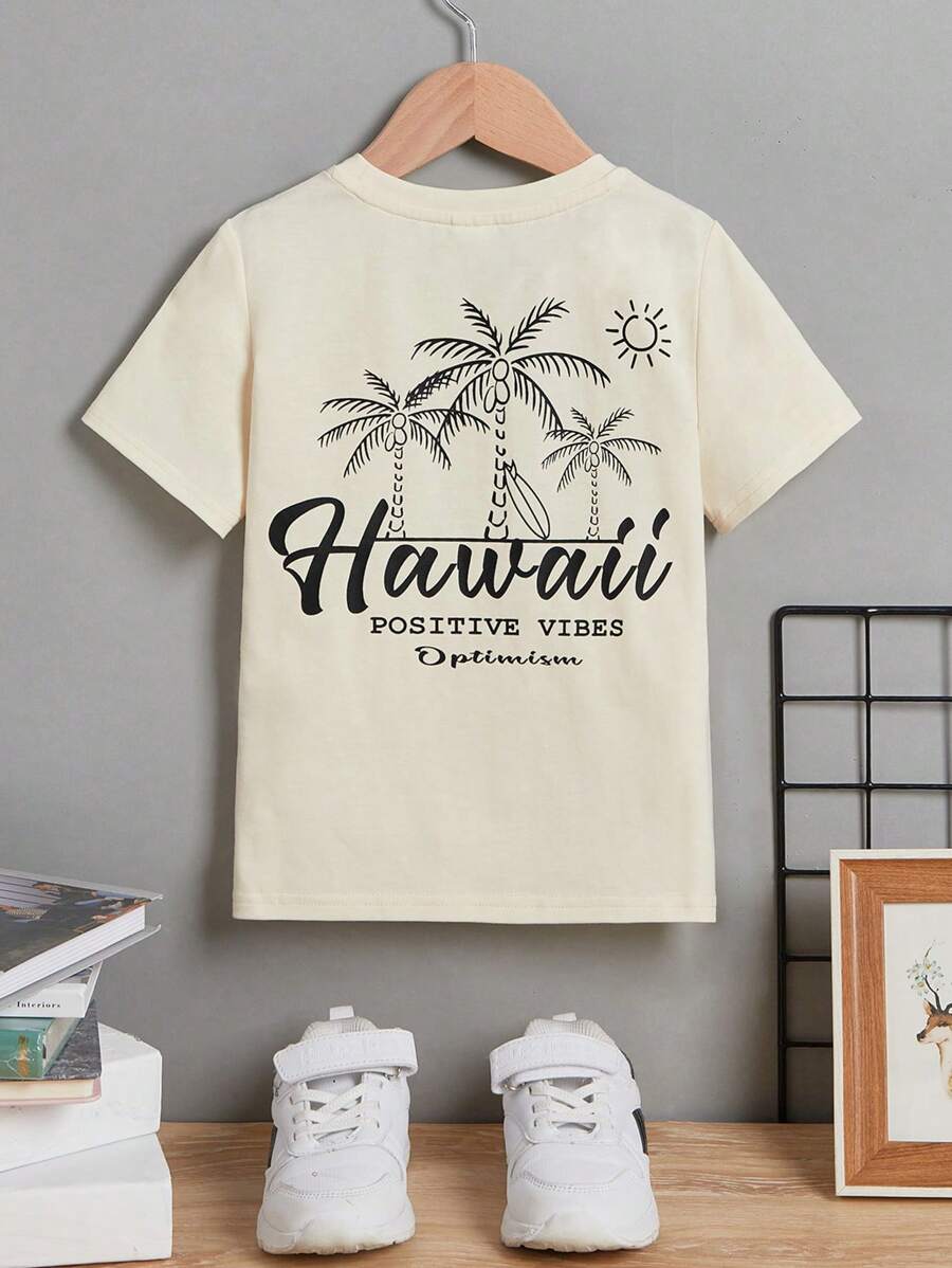 SHEIN 小男童椰子樹和字母圖案T恤 - 杏色 - 查看 1