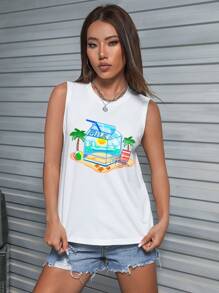 MarielaArtShop Top tank con estampado de palmera y letra - Blanco - Ver 1
